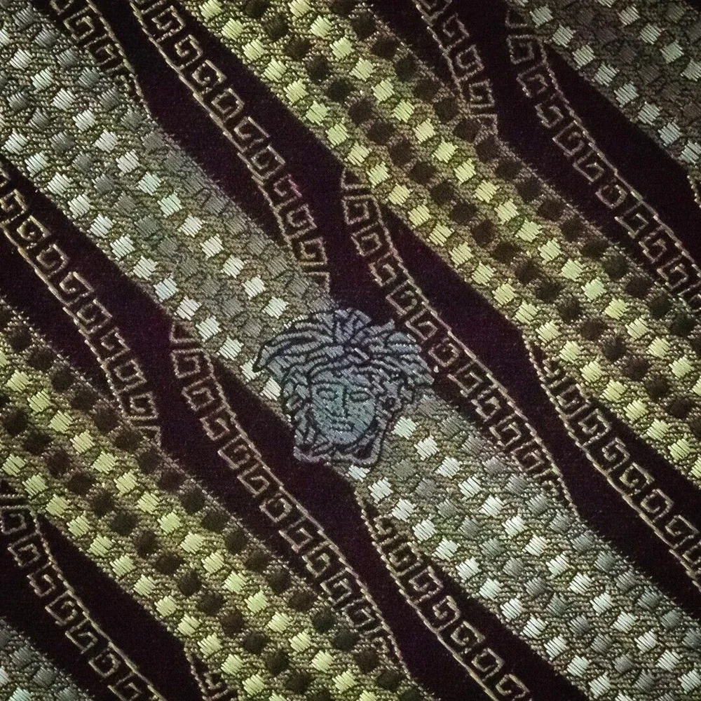 Versace Luxury Designer Silk Black Gray Stripe Print 4 inches Tie Necktie
